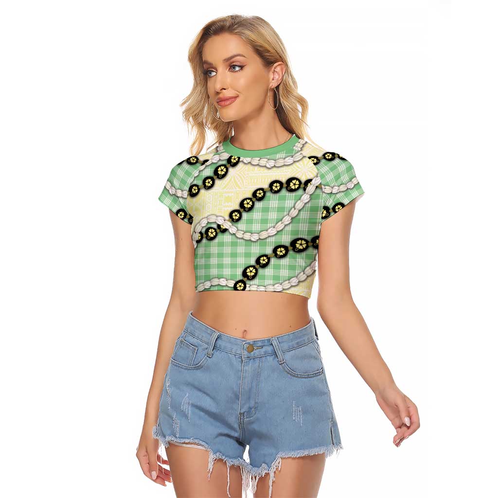 Green Palaka Hawaii Raglan Cropped T Shirt Kukui Nut Pikake Lei Hawaiian Tapa Pattern LT14 Female Green - Polynesian Pride