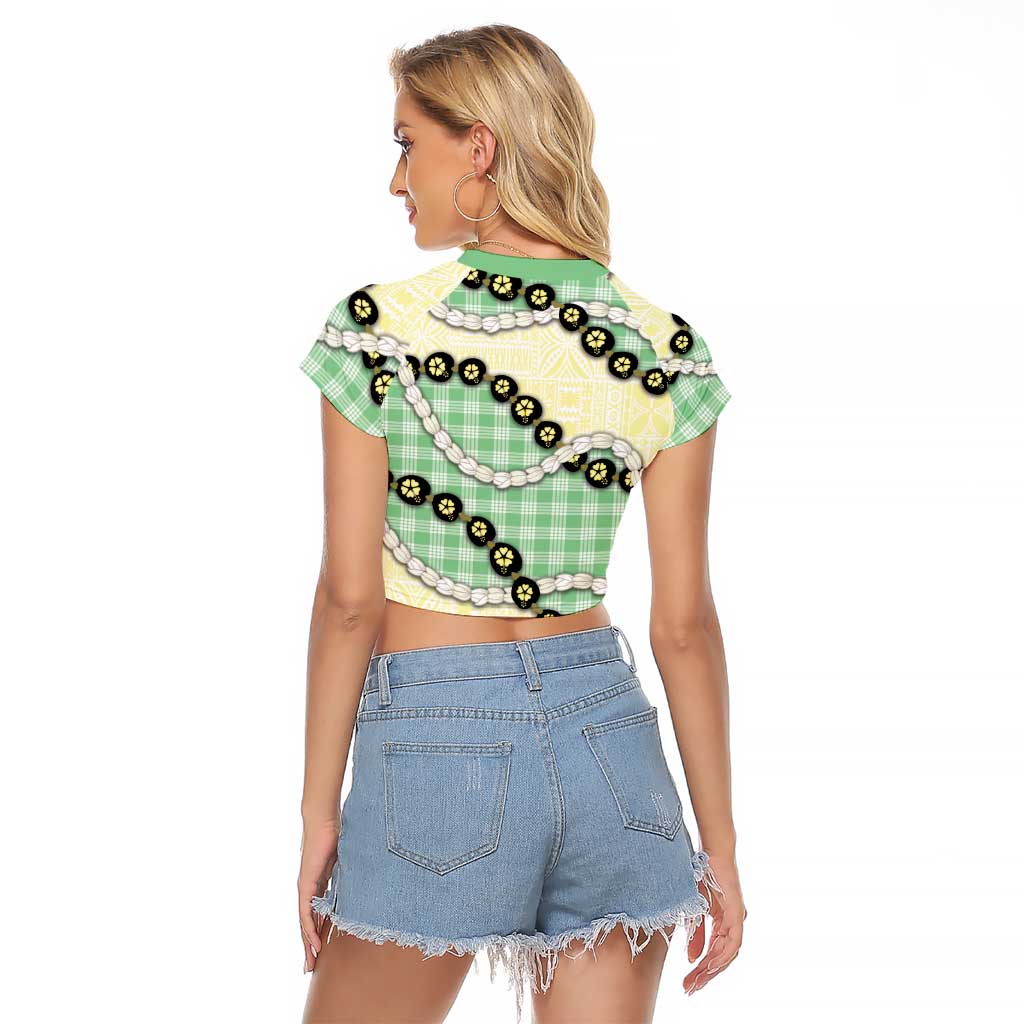 Green Palaka Hawaii Raglan Cropped T Shirt Kukui Nut Pikake Lei Hawaiian Tapa Pattern LT14 - Polynesian Pride