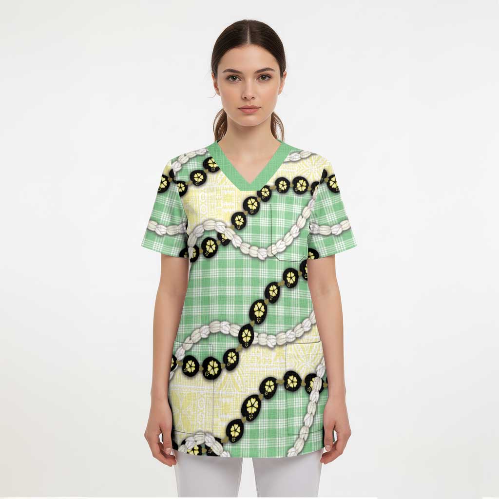 Green Palaka Hawaii Scrub Top Kukui Nut Pikake Lei Hawaiian Tapa Pattern - Polynesian Pride