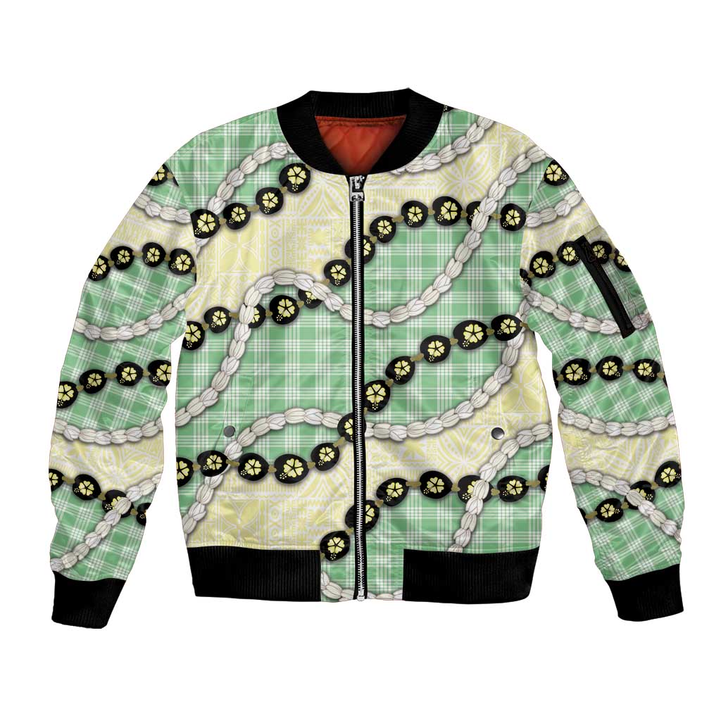 Green Palaka Hawaii Sleeve Zip Bomber Jacket Kukui Nut Pikake Lei Hawaiian Tapa Pattern LT14 Unisex Green - Polynesian Pride