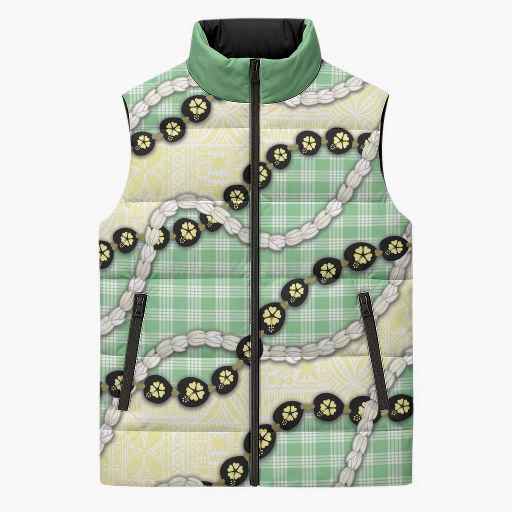 Green Palaka Hawaii Sleeveless Puffer Jacket Kukui Nut Pikake Lei Hawaiian Tapa Pattern LT14 Unisex Green - Polynesian Pride