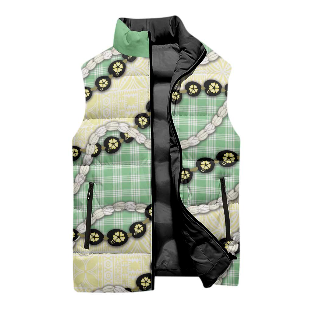 Green Palaka Hawaii Sleeveless Puffer Jacket Kukui Nut Pikake Lei Hawaiian Tapa Pattern LT14 - Polynesian Pride