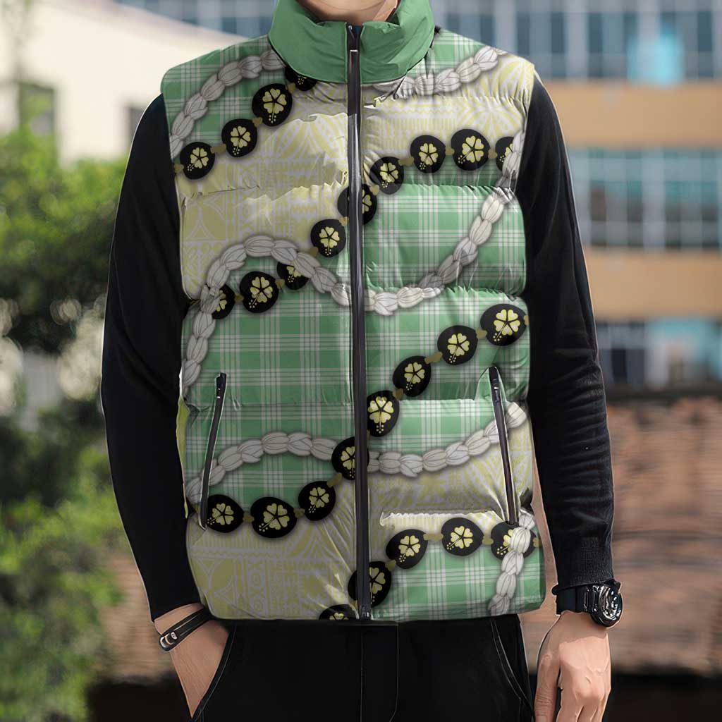 Green Palaka Hawaii Sleeveless Puffer Jacket Kukui Nut Pikake Lei Hawaiian Tapa Pattern LT14 - Polynesian Pride