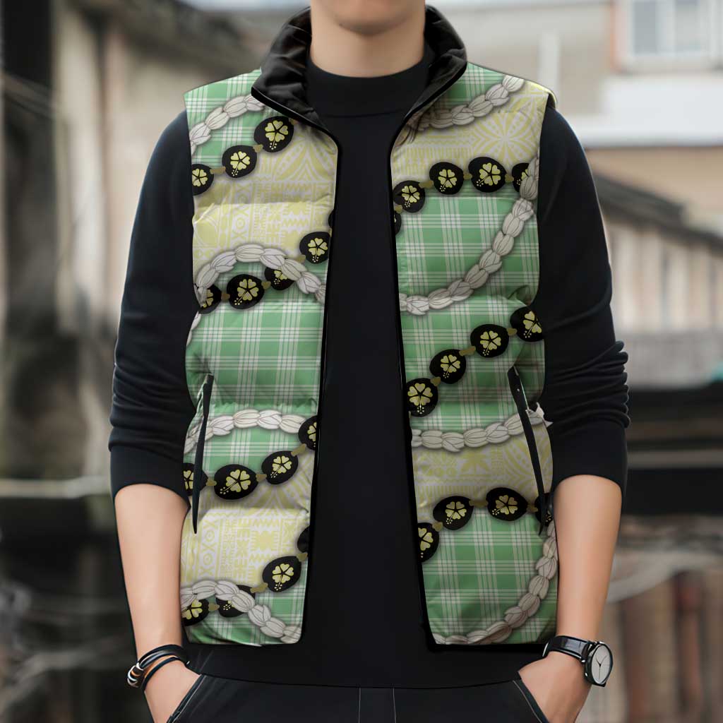 Green Palaka Hawaii Sleeveless Puffer Jacket Kukui Nut Pikake Lei Hawaiian Tapa Pattern LT14 - Polynesian Pride