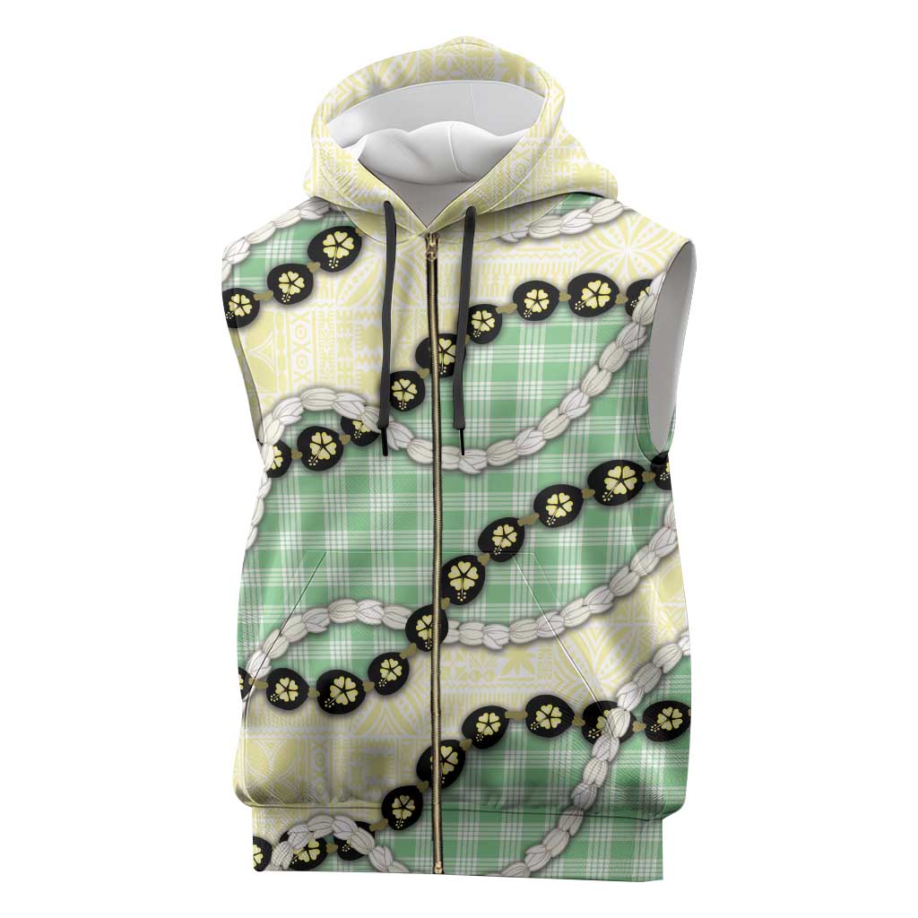 Green Palaka Hawaii Sleeveless Zip Hoodie Kukui Nut Pikake Lei Hawaiian Tapa Pattern - Polynesian Pride