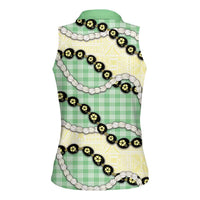 Green Palaka Hawaii Women Sleeveless Polo Shirt Kukui Nut Pikake Lei Hawaiian Tapa Pattern LT14 - Polynesian Pride