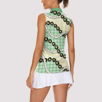 Green Palaka Hawaii Women Sleeveless Polo Shirt Kukui Nut Pikake Lei Hawaiian Tapa Pattern LT14 - Polynesian Pride