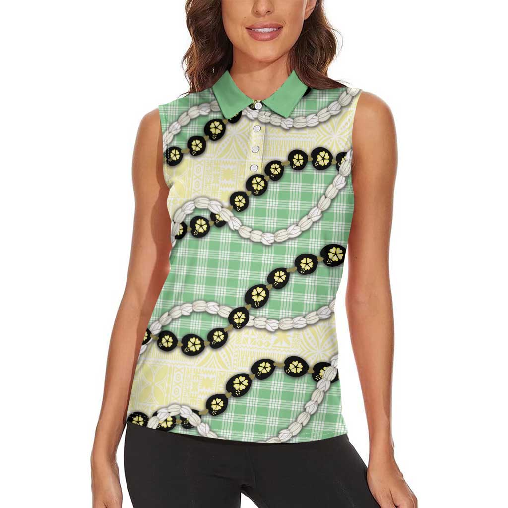 Green Palaka Hawaii Women Sleeveless Polo Shirt Kukui Nut Pikake Lei Hawaiian Tapa Pattern LT14 - Polynesian Pride