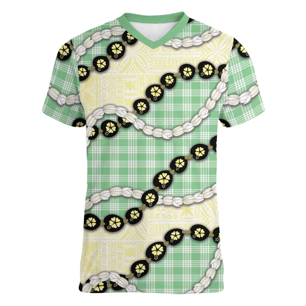 Green Palaka Hawaii Women V-Neck T-Shirt Kukui Nut Pikake Lei Hawaiian Tapa Pattern LT14 Female Green - Polynesian Pride