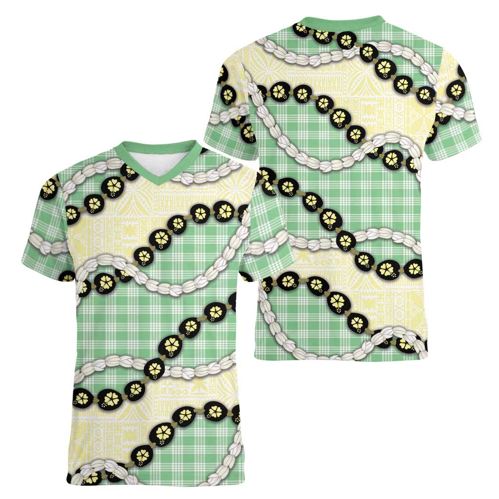 Green Palaka Hawaii Women V-Neck T-Shirt Kukui Nut Pikake Lei Hawaiian Tapa Pattern LT14 - Polynesian Pride