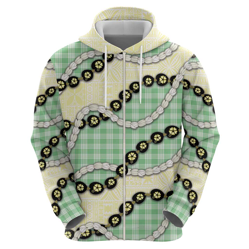 Green Palaka Hawaii Zip Hoodie Kukui Nut Pikake Lei Hawaiian Tapa Pattern - Polynesian Pride