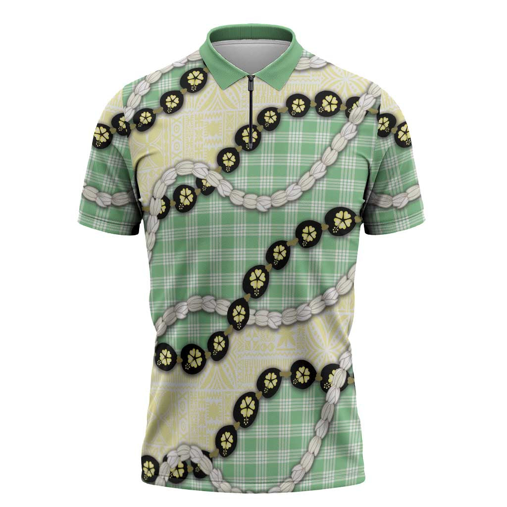 Green Palaka Hawaii Zipper Polo Shirt Kukui Nut Pikake Lei Hawaiian Tapa Pattern - Polynesian Pride