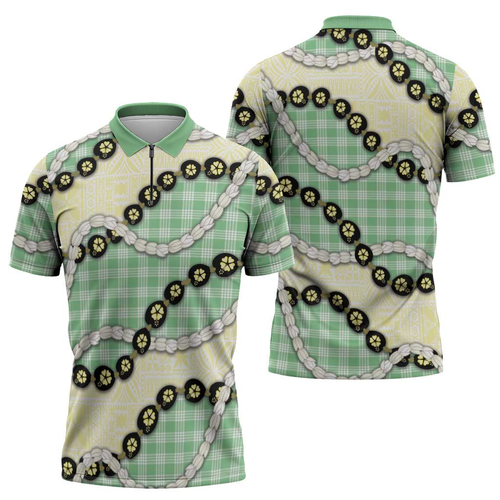 Green Palaka Hawaii Zipper Polo Shirt Kukui Nut Pikake Lei Hawaiian Tapa Pattern - Polynesian Pride