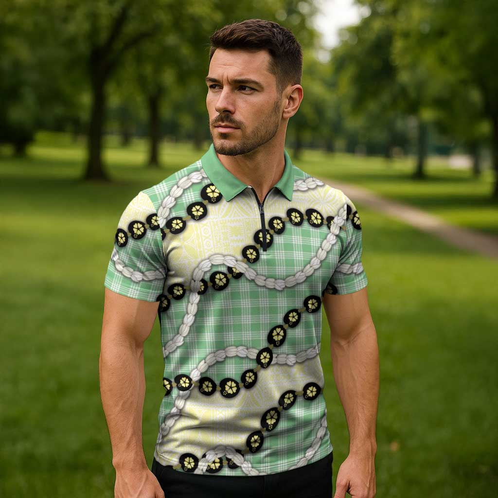 Green Palaka Hawaii Zipper Polo Shirt Kukui Nut Pikake Lei Hawaiian Tapa Pattern - Polynesian Pride