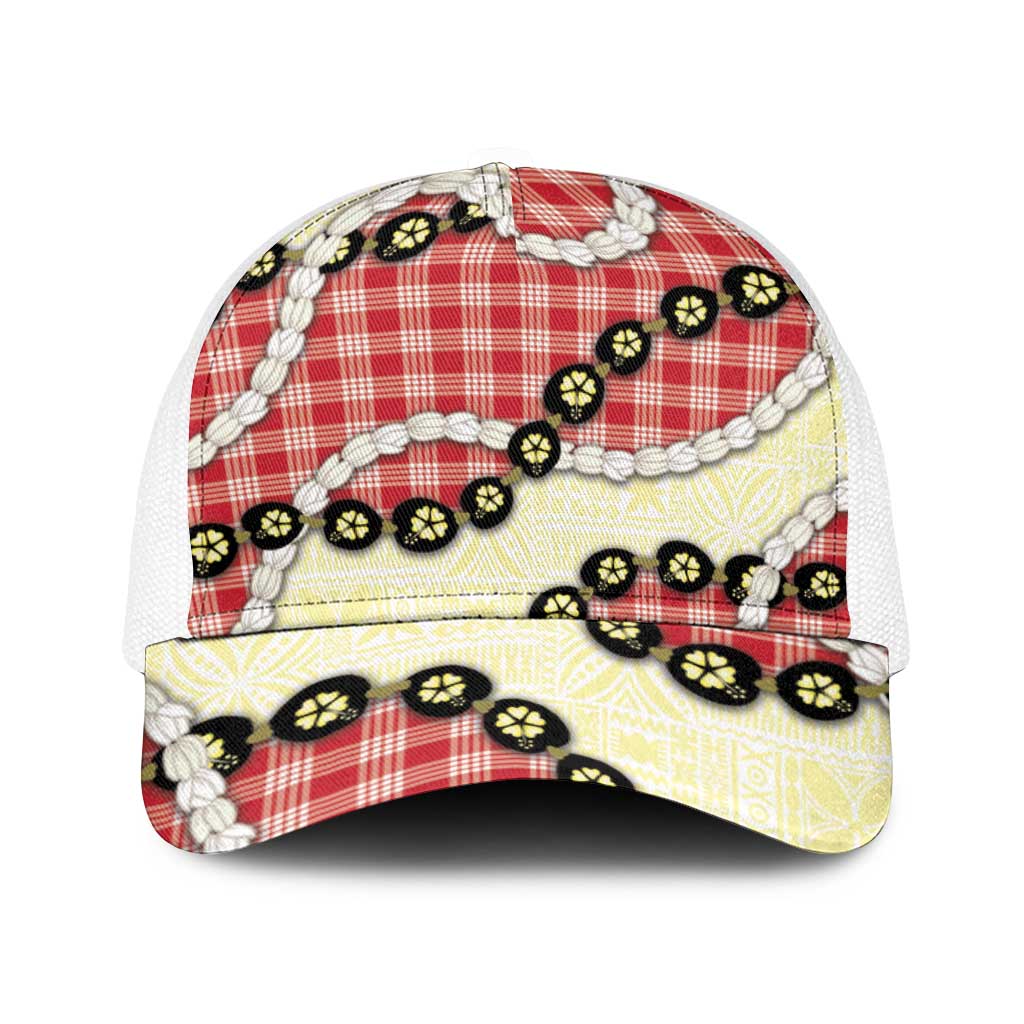 Red Palaka Hawaii Baseball Net Cap Kukui Nut Pikake Lei Hawaiian Tapa Pattern - Polynesian Pride