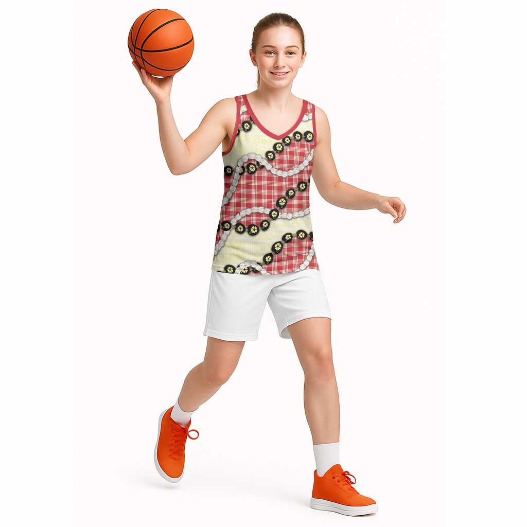 Red Palaka Hawaii Basketball Jersey Kukui Nut Pikake Lei Hawaiian Tapa Pattern LT14 - Polynesian Pride