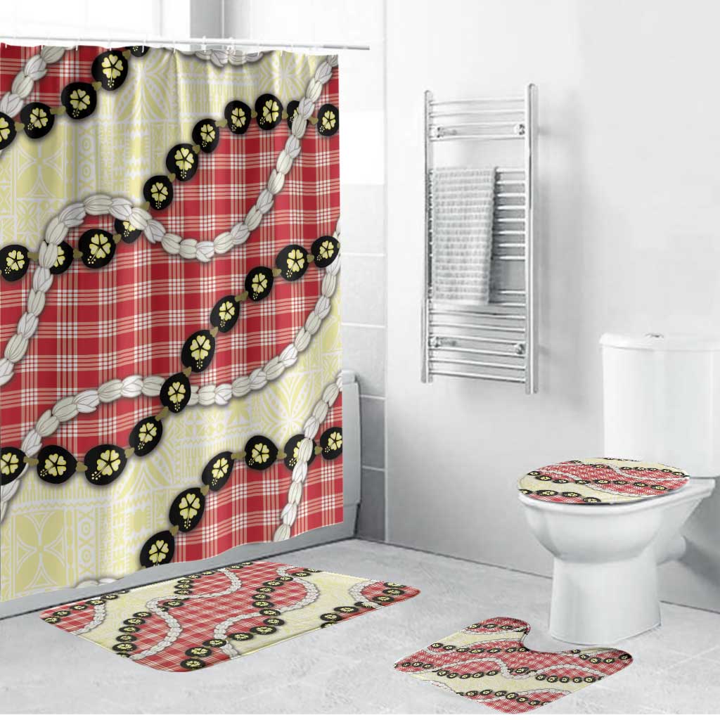 Red Palaka Hawaii Bathroom Set Kukui Nut Pikake Lei Hawaiian Tapa Pattern - Polynesian Pride