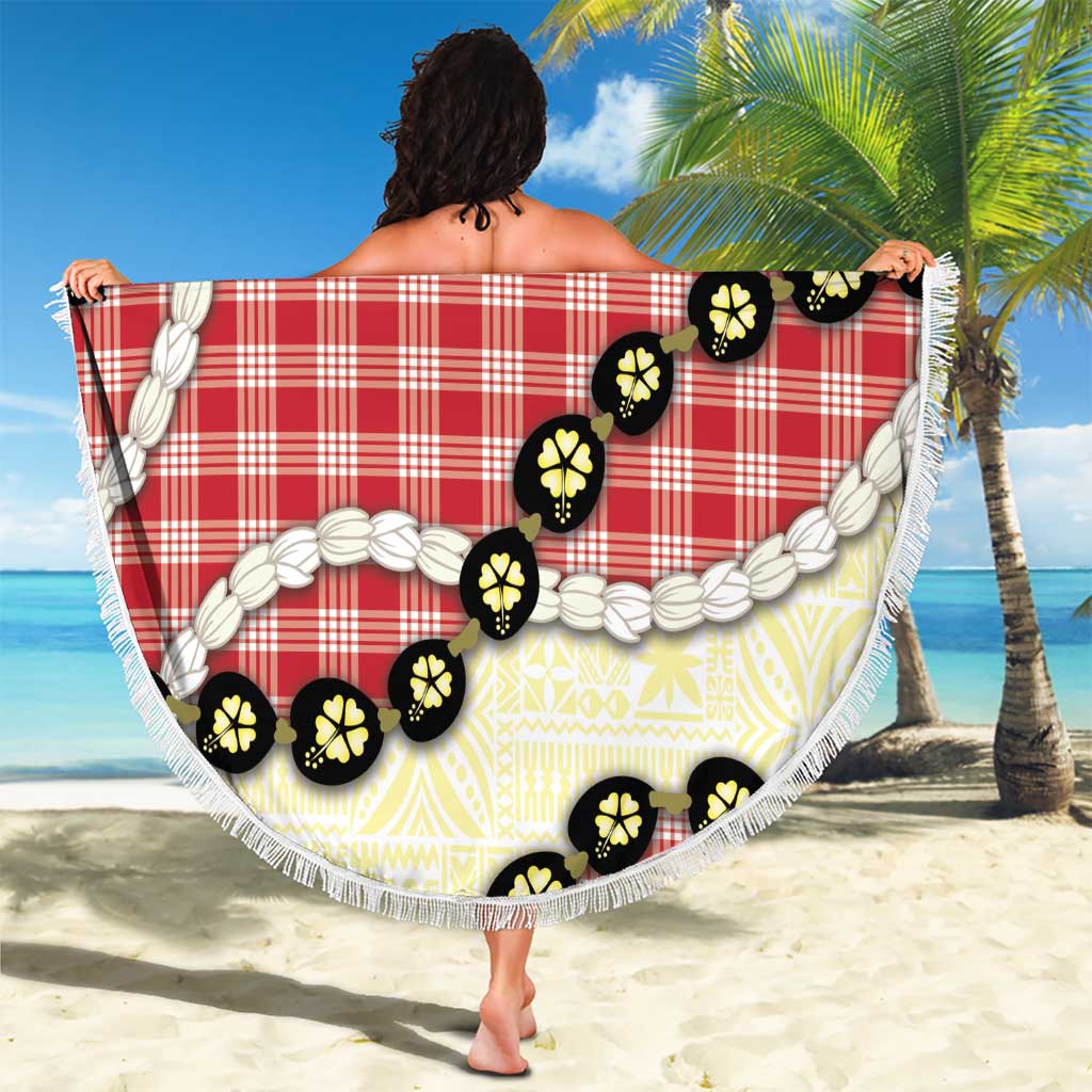 Red Palaka Hawaii Beach Blanket Kukui Nut Pikake Lei Hawaiian Tapa Pattern - Polynesian Pride