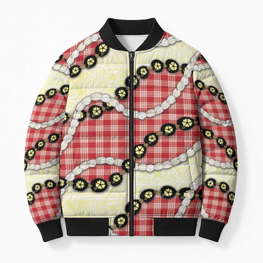 Red Palaka Hawaii Bomber Puffer Jacket Kukui Nut Pikake Lei Hawaiian Tapa Pattern LT14 Unisex Red - Polynesian Pride