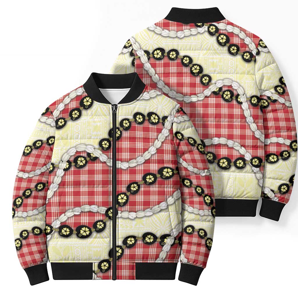 Red Palaka Hawaii Bomber Puffer Jacket Kukui Nut Pikake Lei Hawaiian Tapa Pattern LT14 - Polynesian Pride