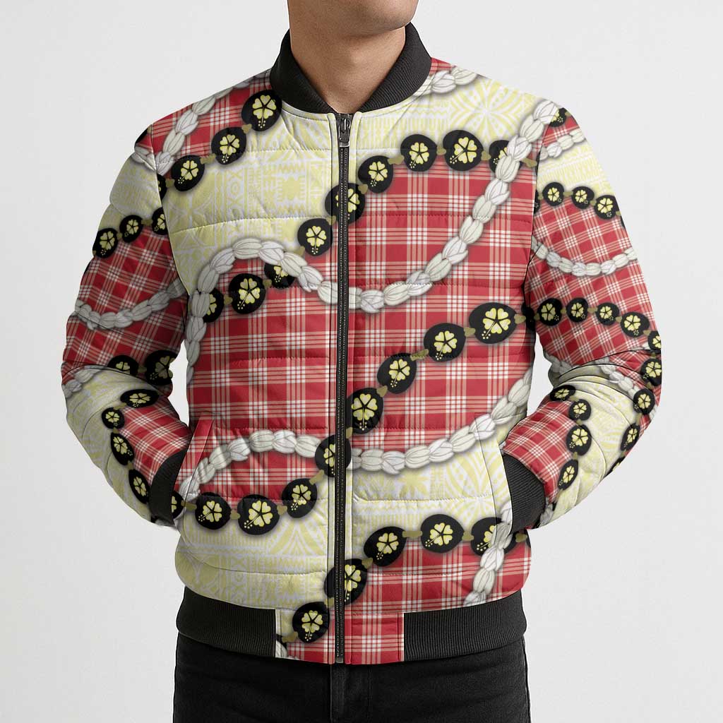 Red Palaka Hawaii Bomber Puffer Jacket Kukui Nut Pikake Lei Hawaiian Tapa Pattern LT14 - Polynesian Pride