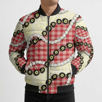 Red Palaka Hawaii Bomber Puffer Jacket Kukui Nut Pikake Lei Hawaiian Tapa Pattern LT14 - Polynesian Pride