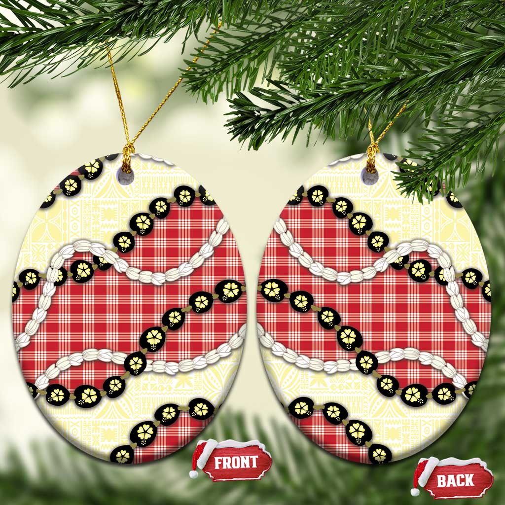Red Palaka Hawaii Ceramic Ornament Kukui Nut Pikake Lei Hawaiian Tapa Pattern - Polynesian Pride