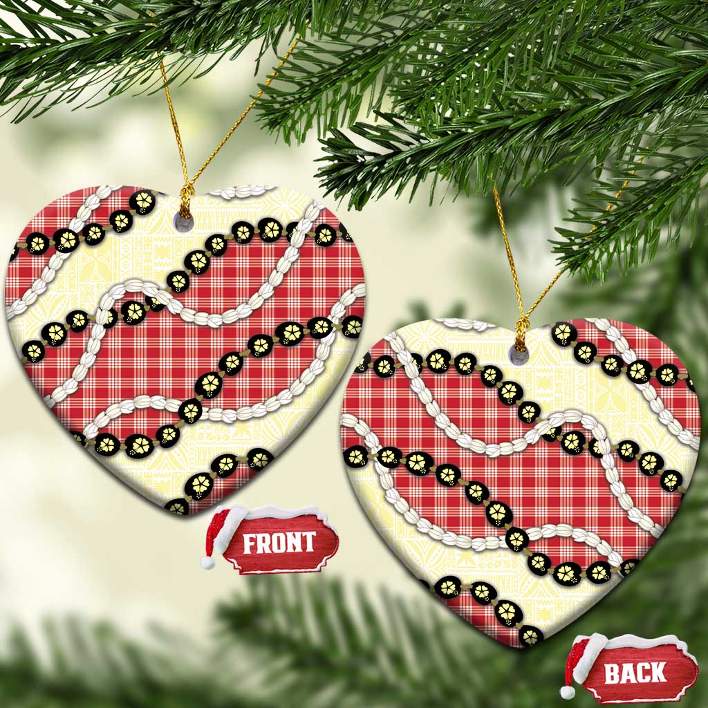 Red Palaka Hawaii Ceramic Ornament Kukui Nut Pikake Lei Hawaiian Tapa Pattern - Polynesian Pride