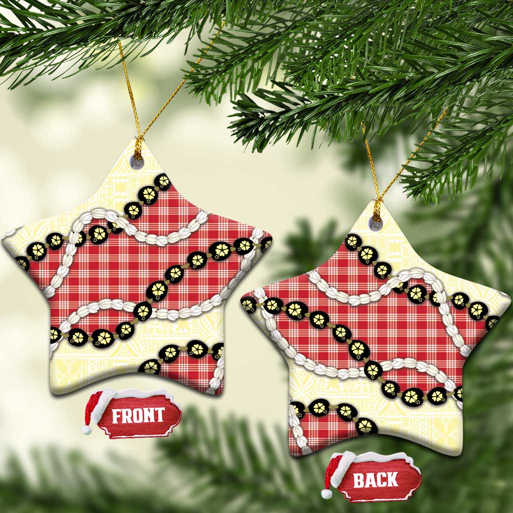 Red Palaka Hawaii Ceramic Ornament Kukui Nut Pikake Lei Hawaiian Tapa Pattern - Polynesian Pride