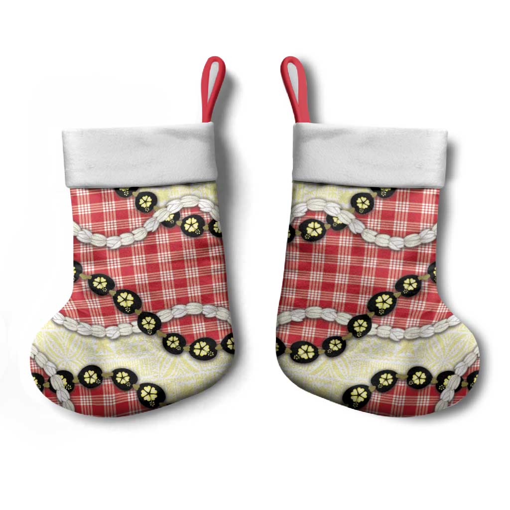 Red Palaka Hawaii Christmas Stocking Kukui Nut Pikake Lei Hawaiian Tapa Pattern - Polynesian Pride