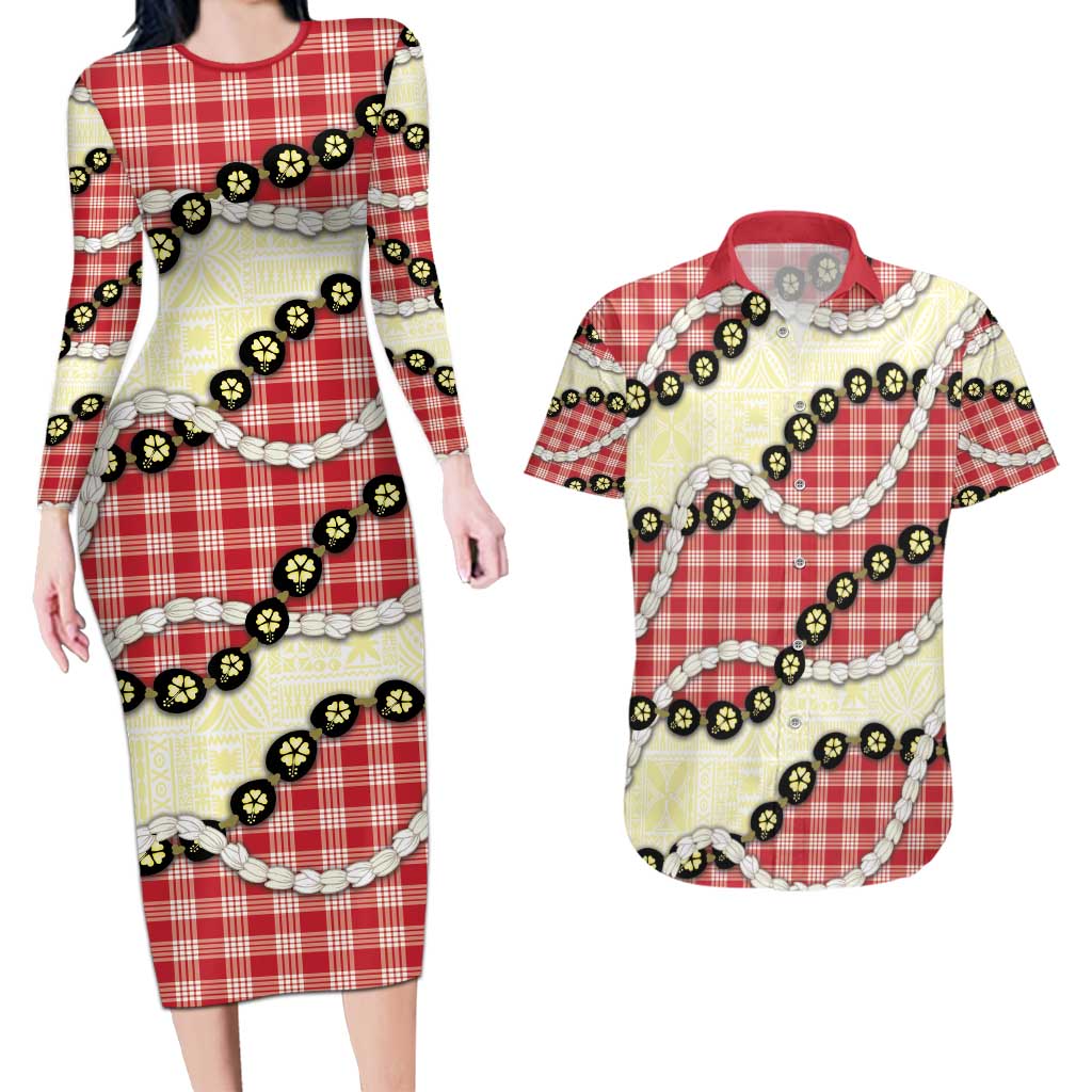 Red Palaka Hawaii Couples Matching Long Sleeve Bodycon Dress and Hawaiian Shirt Kukui Nut Pikake Lei Hawaiian Tapa Pattern - Polynesian Pride
