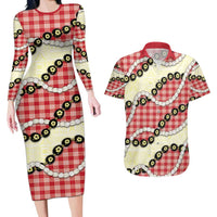 Red Palaka Hawaii Couples Matching Long Sleeve Bodycon Dress and Hawaiian Shirt Kukui Nut Pikake Lei Hawaiian Tapa Pattern - Polynesian Pride