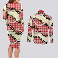 Red Palaka Hawaii Couples Matching Long Sleeve Bodycon Dress and Long Sleeve Button Shirt Kukui Nut Pikake Lei Hawaiian Tapa Pattern - Polynesian Pride