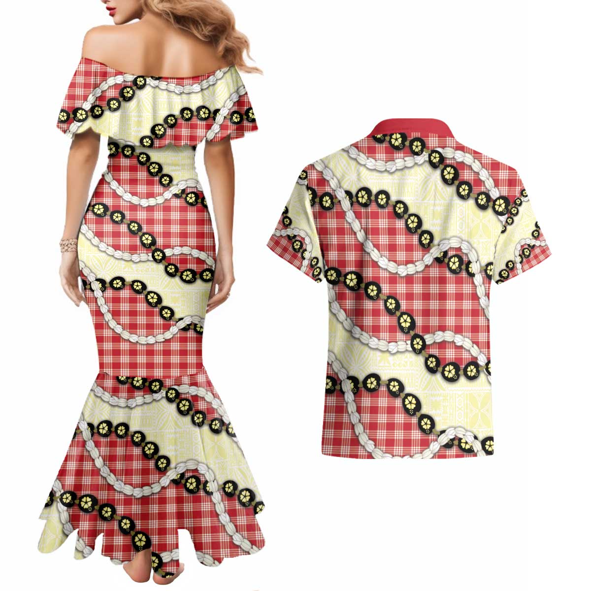 Red Palaka Hawaii Couples Matching Mermaid Dress and Hawaiian Shirt Kukui Nut Pikake Lei Hawaiian Tapa Pattern - Polynesian Pride