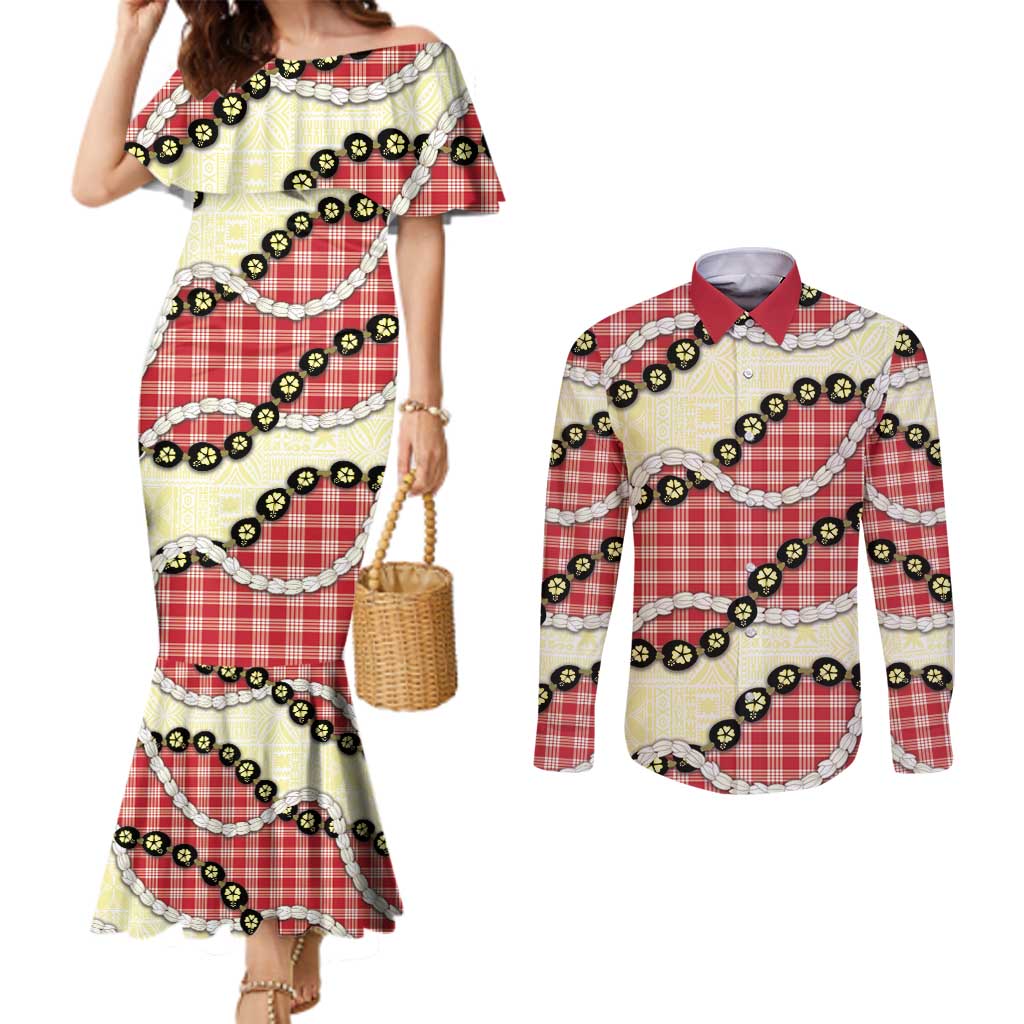 Red Palaka Hawaii Couples Matching Mermaid Dress and Long Sleeve Button Shirt Kukui Nut Pikake Lei Hawaiian Tapa Pattern - Polynesian Pride