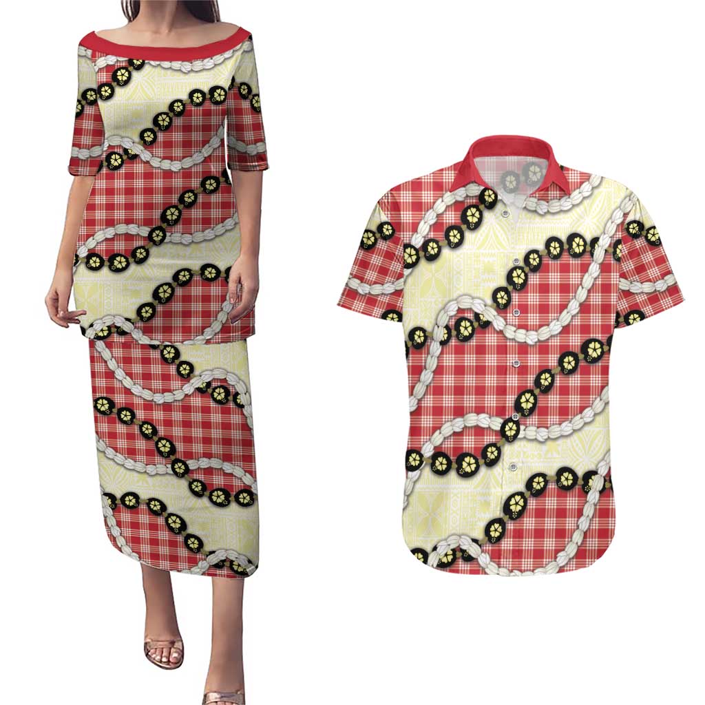 Red Palaka Hawaii Couples Matching Puletasi and Hawaiian Shirt Kukui Nut Pikake Lei Hawaiian Tapa Pattern LT14 Red - Polynesian Pride