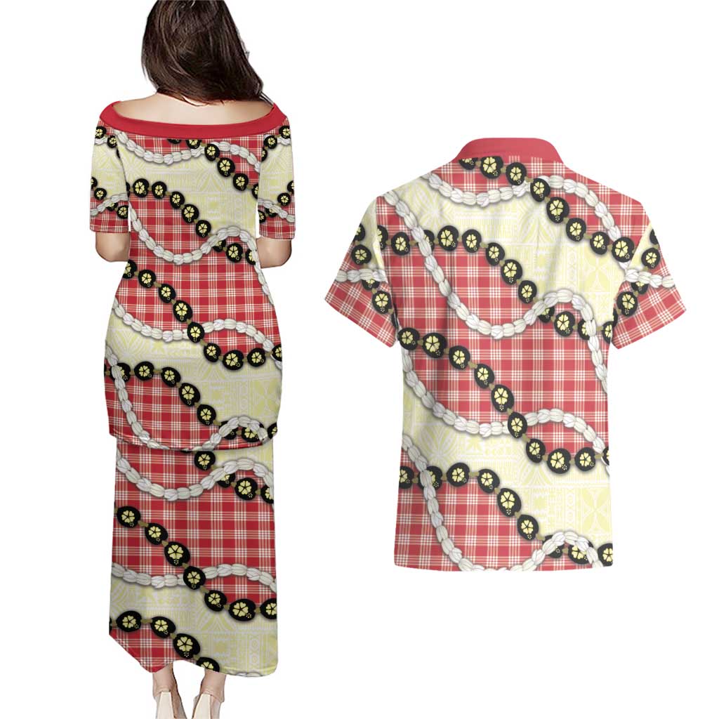 Red Palaka Hawaii Couples Matching Puletasi and Hawaiian Shirt Kukui Nut Pikake Lei Hawaiian Tapa Pattern LT14 - Polynesian Pride