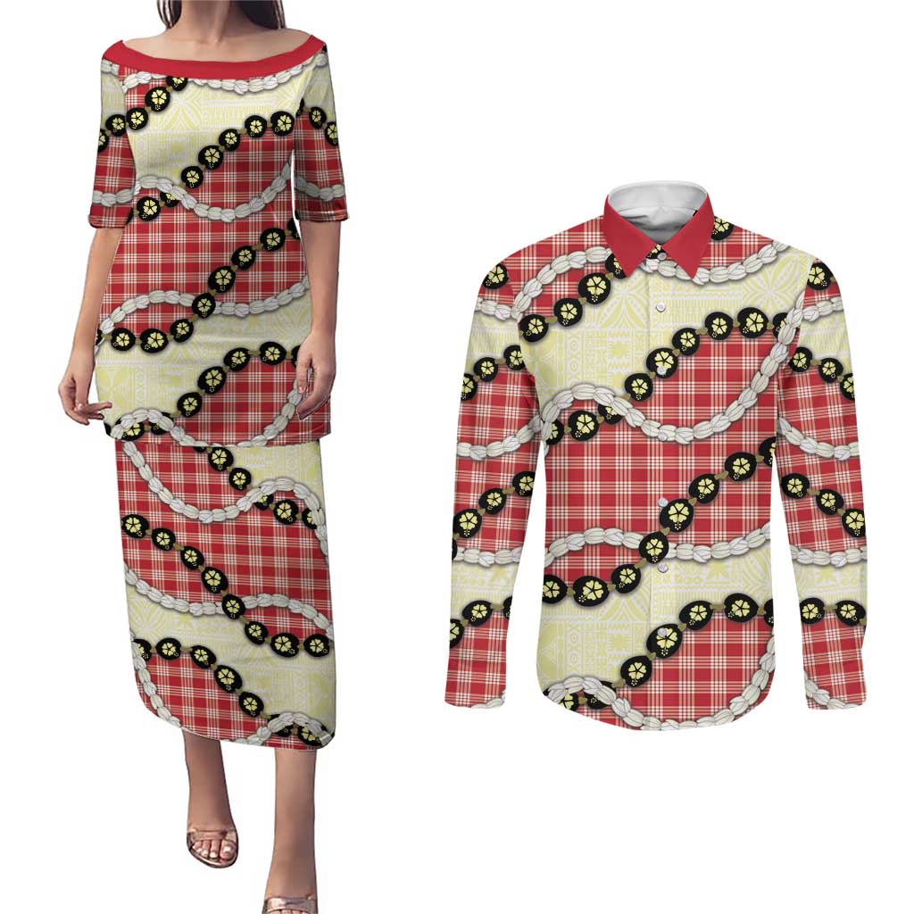 Red Palaka Hawaii Couples Matching Puletasi and Long Sleeve Button Shirt Kukui Nut Pikake Lei Hawaiian Tapa Pattern LT14 Red - Polynesian Pride