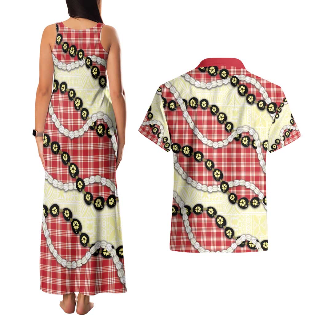 Red Palaka Hawaii Couples Matching Tank Maxi Dress and Hawaiian Shirt Kukui Nut Pikake Lei Hawaiian Tapa Pattern - Polynesian Pride