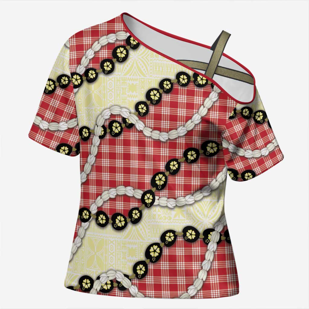 Red Palaka Hawaii Cross Shoulder Shirt Kukui Nut Pikake Lei Hawaiian Tapa Pattern LT14 Female Red - Polynesian Pride