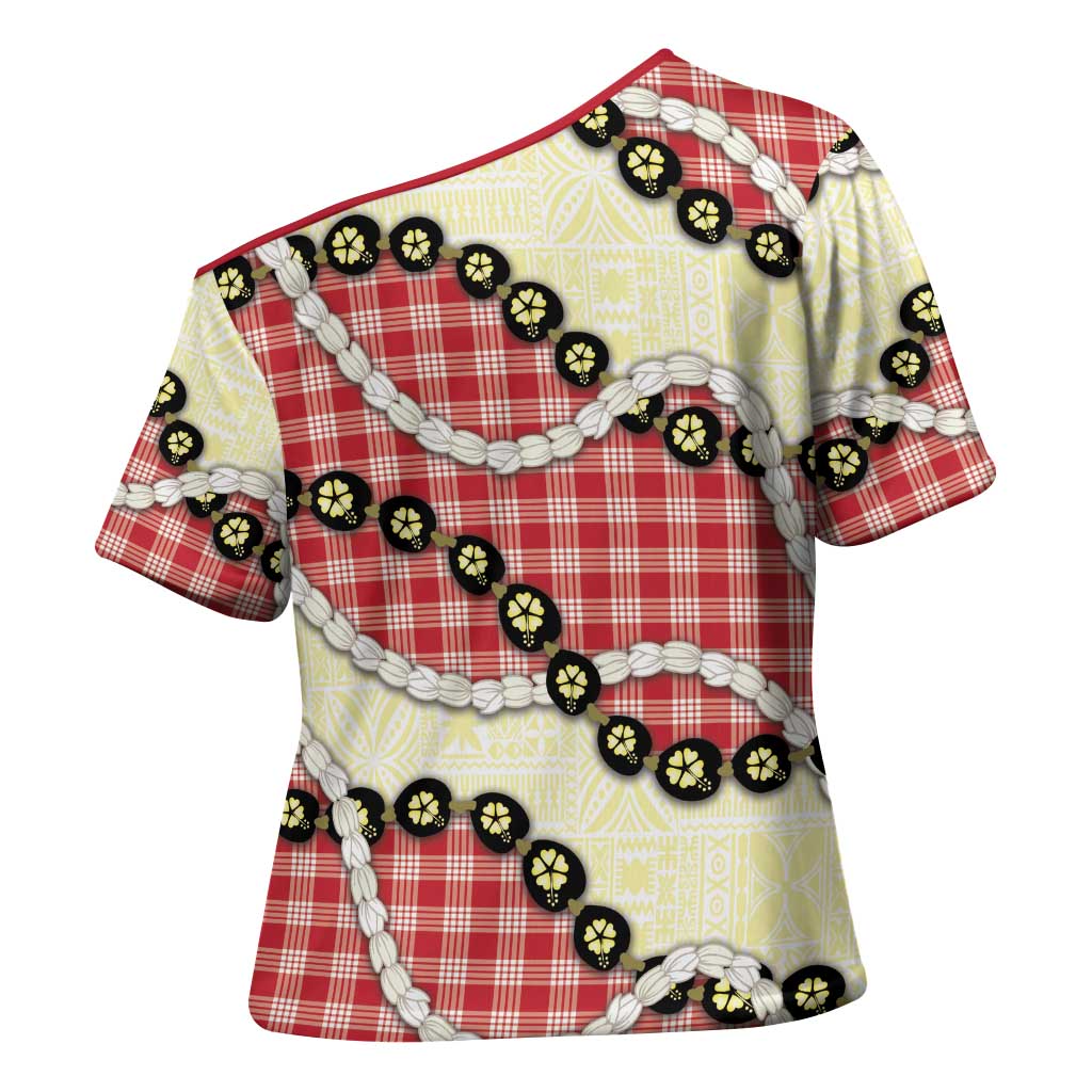 Red Palaka Hawaii Cross Shoulder Shirt Kukui Nut Pikake Lei Hawaiian Tapa Pattern LT14 - Polynesian Pride