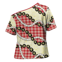 Red Palaka Hawaii Cross Shoulder Shirt Kukui Nut Pikake Lei Hawaiian Tapa Pattern LT14 - Polynesian Pride