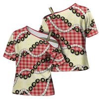 Red Palaka Hawaii Cross Shoulder Shirt Kukui Nut Pikake Lei Hawaiian Tapa Pattern LT14 - Polynesian Pride