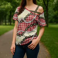 Red Palaka Hawaii Cross Shoulder Shirt Kukui Nut Pikake Lei Hawaiian Tapa Pattern LT14 - Polynesian Pride