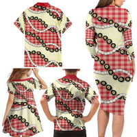 Red Palaka Hawaii Family Matching Long Sleeve Bodycon Dress and Hawaiian Shirt Kukui Nut Pikake Lei Hawaiian Tapa Pattern - Polynesian Pride