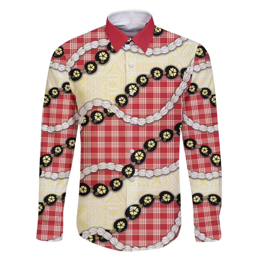 Red Palaka Hawaii Family Matching Long Sleeve Bodycon Dress and Hawaiian Shirt Kukui Nut Pikake Lei Hawaiian Tapa Pattern - Polynesian Pride