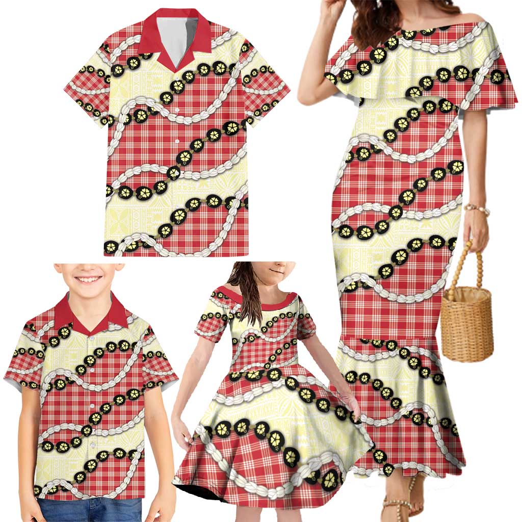 Red Palaka Hawaii Family Matching Mermaid Dress and Hawaiian Shirt Kukui Nut Pikake Lei Hawaiian Tapa Pattern - Polynesian Pride