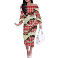 Red Palaka Hawaii Family Matching Off The Shoulder Long Sleeve Dress and Hawaiian Shirt Kukui Nut Pikake Lei Hawaiian Tapa Pattern - Polynesian Pride