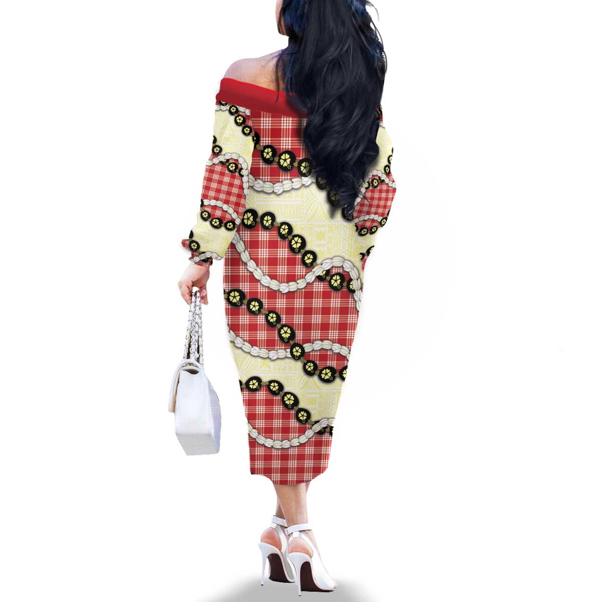 Red Palaka Hawaii Family Matching Off The Shoulder Long Sleeve Dress and Hawaiian Shirt Kukui Nut Pikake Lei Hawaiian Tapa Pattern - Polynesian Pride