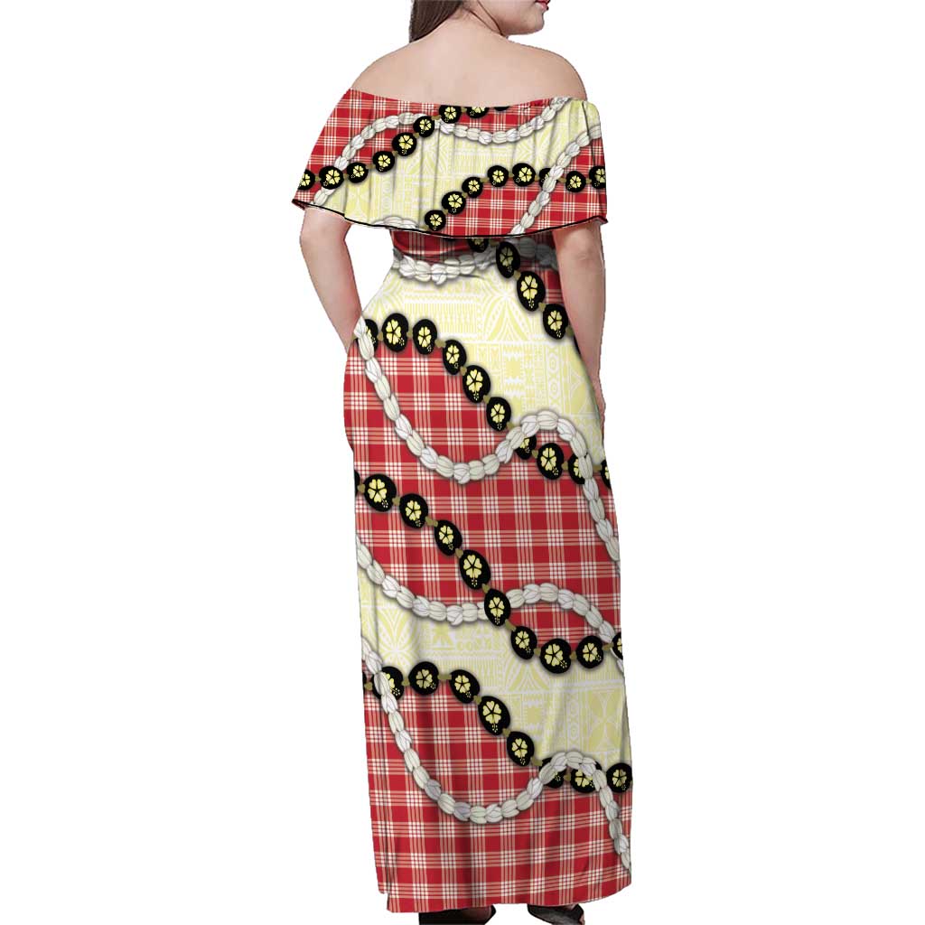 Red Palaka Hawaii Family Matching Off Shoulder Maxi Dress and Hawaiian Shirt Kukui Nut Pikake Lei Hawaiian Tapa Pattern - Polynesian Pride